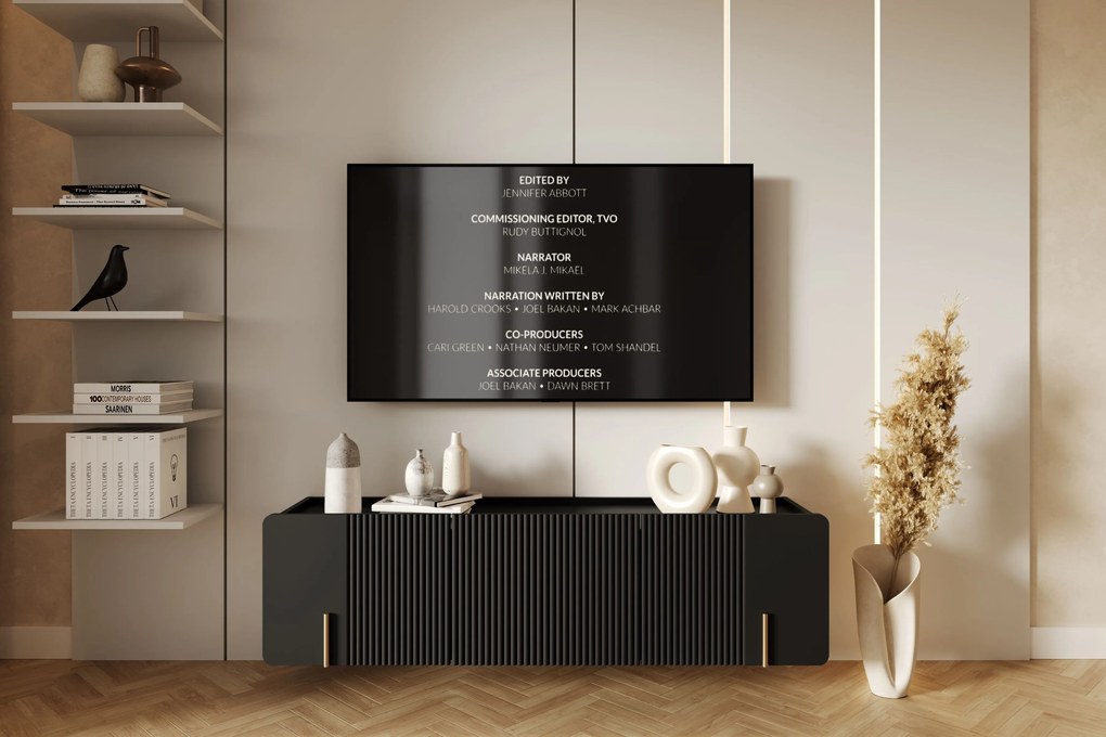 Závesný TV stolík Malmi 150 cm - čierny mat / zlatá