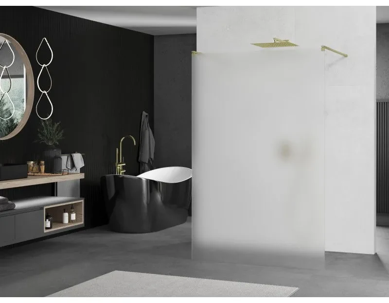 Mexen Kioto, sprchová zástena Walk-In 130 x 200 cm, 8mm sklo námraza, zlatý matný profil, 800-130-002-55-30