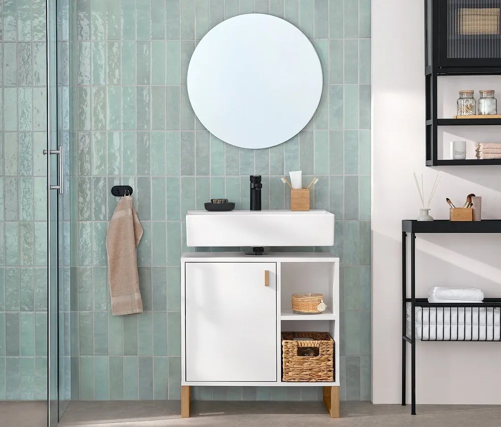 Umývadlová skrinka s dvierkami a poličkou naboku