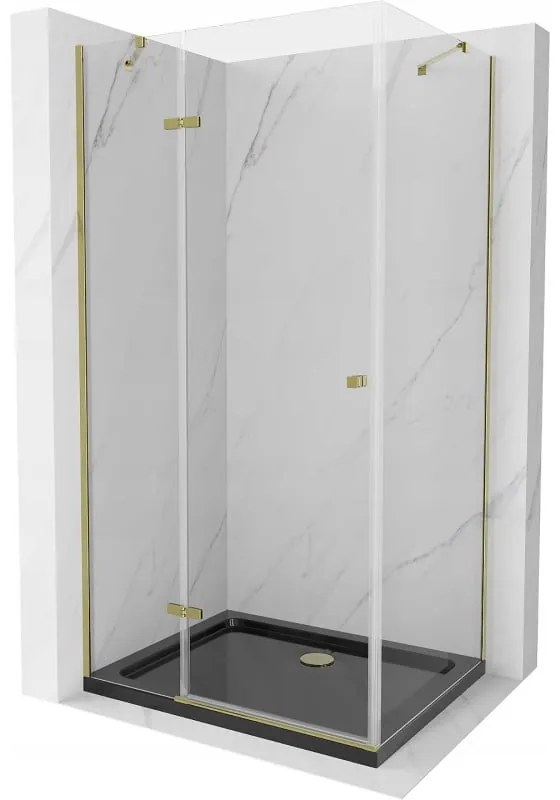 Mexen Roma, sprchovací kút s 1-krídlovými dverami 100 (dvere) x 90 (stena) cm, 6mm číre sklo, zlatý profil, slim sprchová vanička 5cm čierna, 854-100-090-50-00-4070G