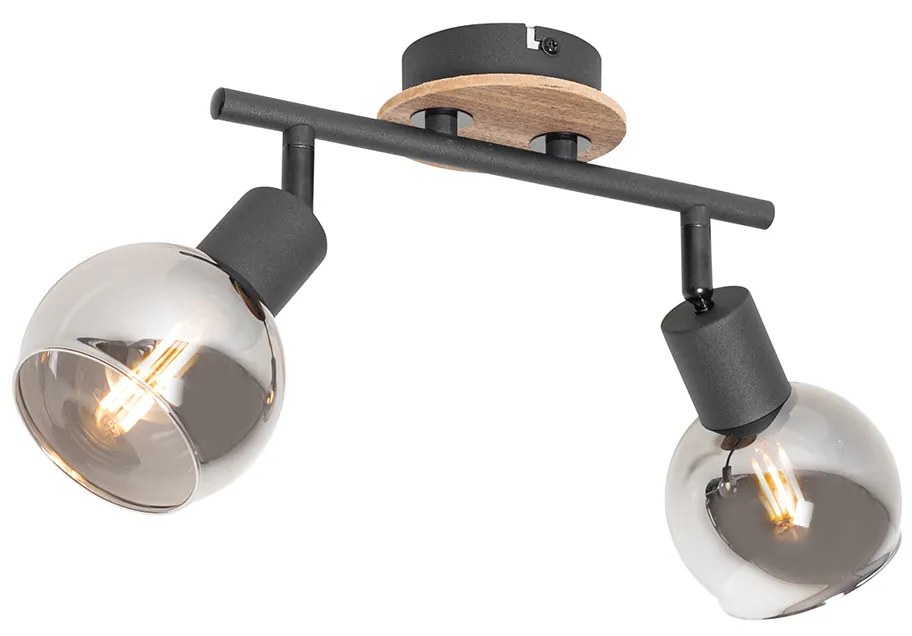 Stropné svietidlo čierne s dymovým sklom a drevenou časťou 2-žiarovkové - Vidro