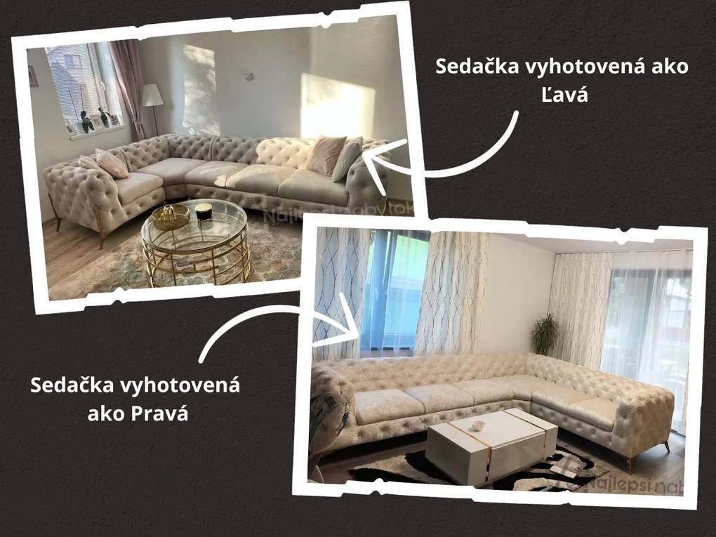 ROHOVÁ SEDAČKA CHESTERFIELD LARISSA PRAVÁ - ĽAVÁ GLOSS VELVET 1206 ZAMATOVÁ LÁTKA 323 X 264 cm