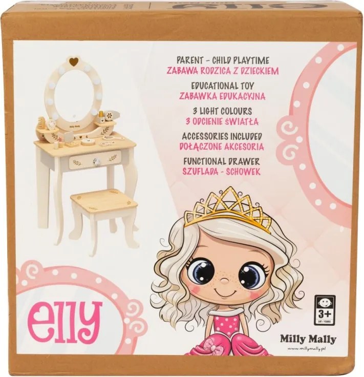 Veľká drevená toaletka ELLY pre deti s LED svetlom a taburetkou natural