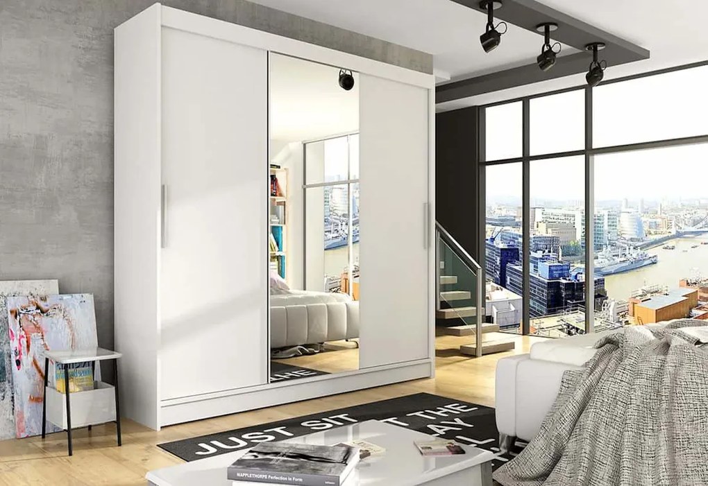 Posuvná šatníková skriňa LUKAS so zrkadlom, 250x215x58, biela mat