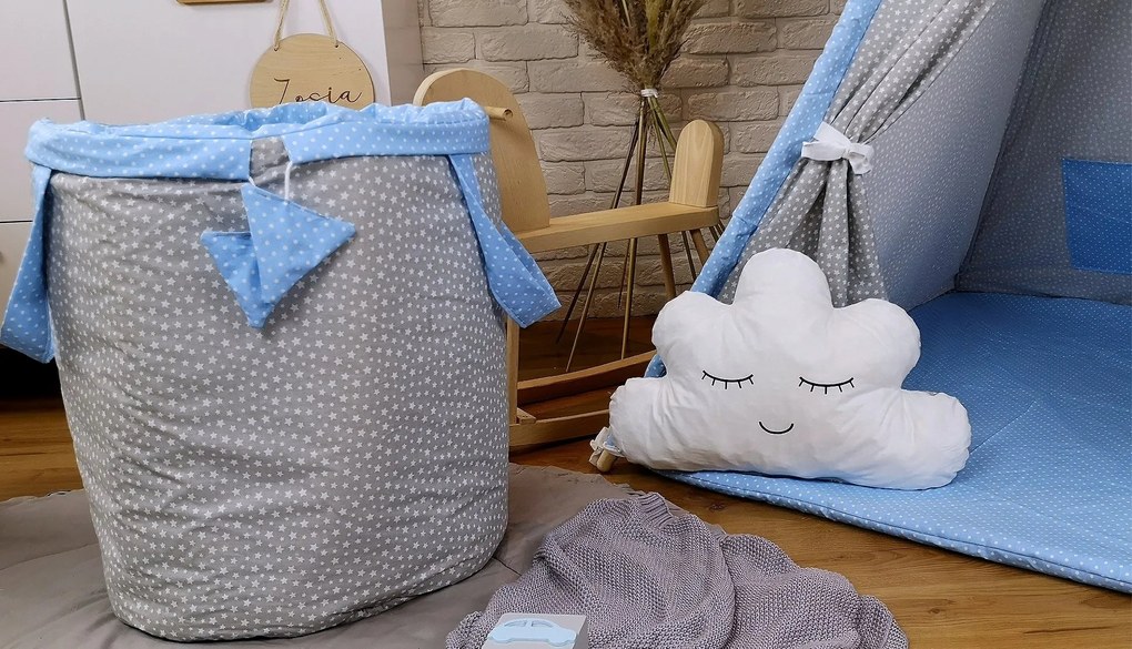 Detský kôš na hračky STARS - šedý/modrý