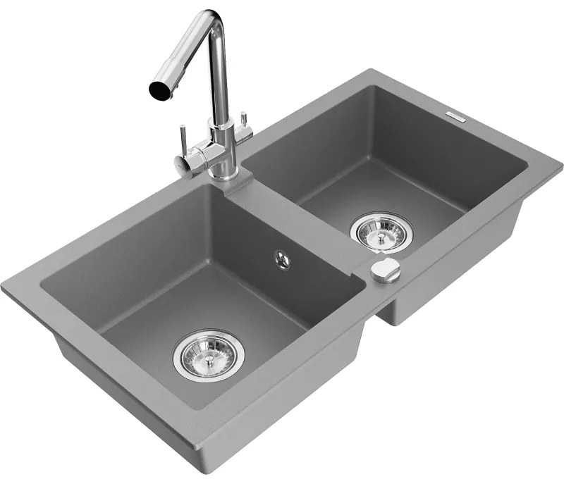 Mexen Mario, 2-komorový granitový drez 820x436x161 mm a chrómová drezová batéria Duero, šedá, 6504-71-671600-00