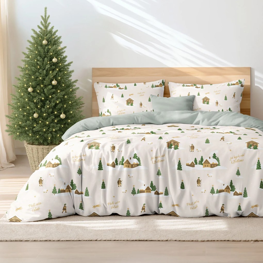 Goldea vianočné bavlnené posteľné obliečky duo - pásli ovce valaši so šalviovo zelenou 150 x 200 a 50 x 60 cm