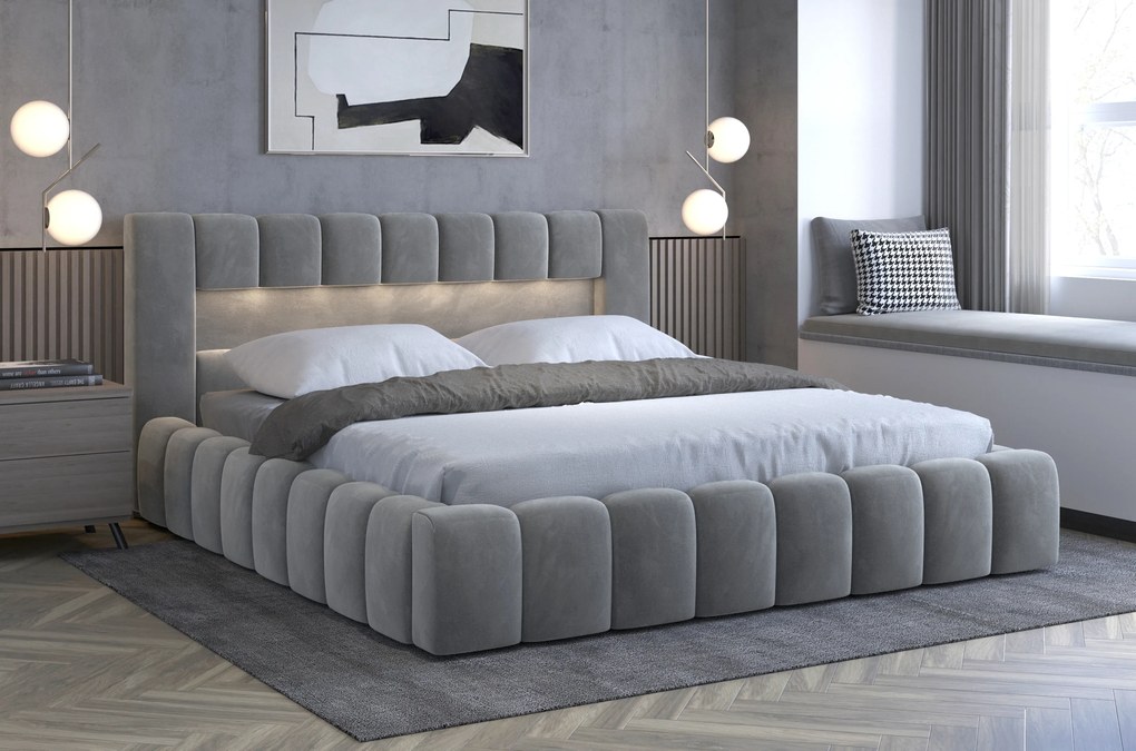 Manželská posteľ 140 cm Luxa (sivá) (s roštom, úl. priestorom a LED). Akcia -20%. Vlastná spoľahlivá doprava až k Vám domov. 1041558