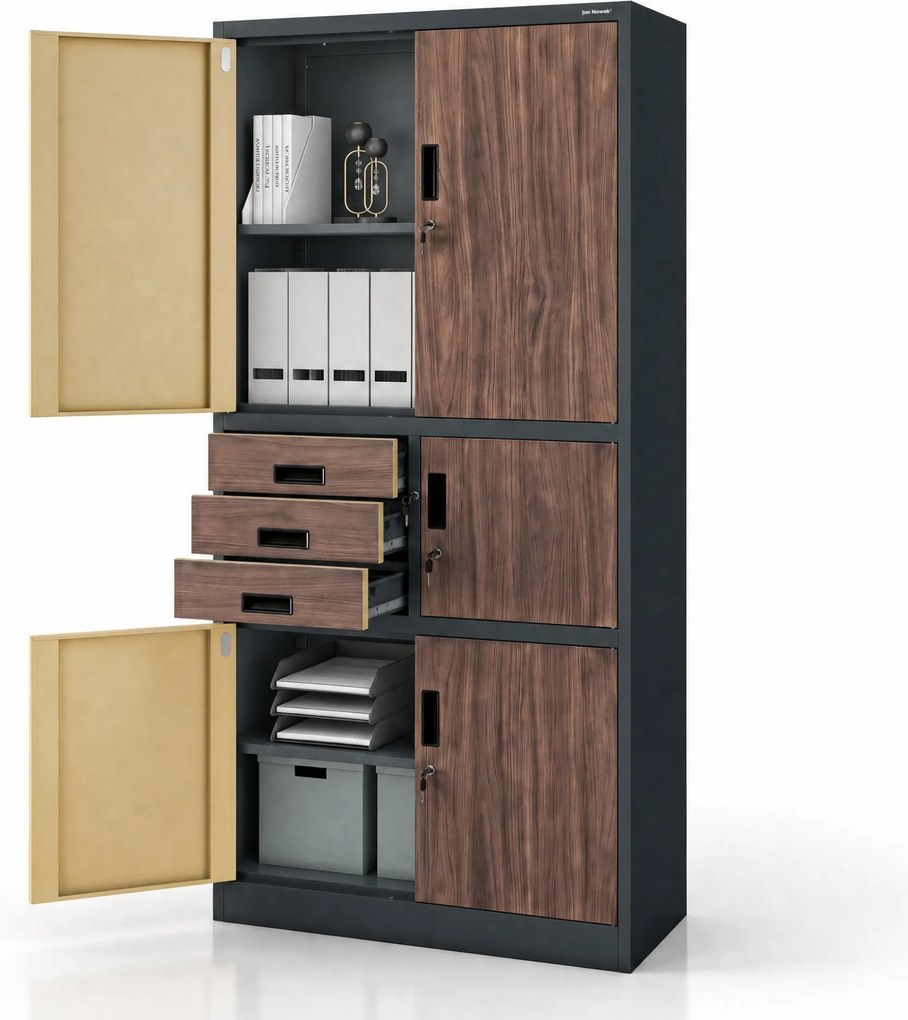 Kovová kancelárska skriňa so sejfom antracitová, orech, 900x1850x400 mm: FILIP II Eco Design