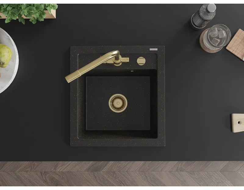 Mexen Vito, 1-komorový granitový drez 520x490x210 mm, zlatá batéria Duero, čierna - zlatá metalíza, 6503-75-671600-50