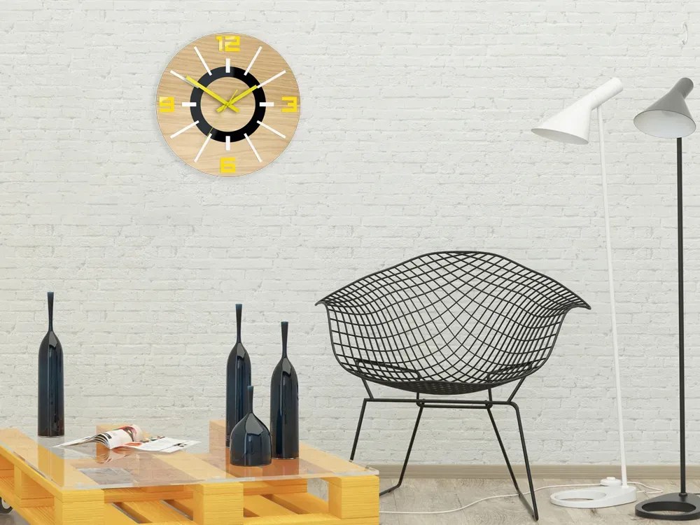 Dřevěné nástěnné hodiny Alladyn 33,5 cm dub přírodní/žluté