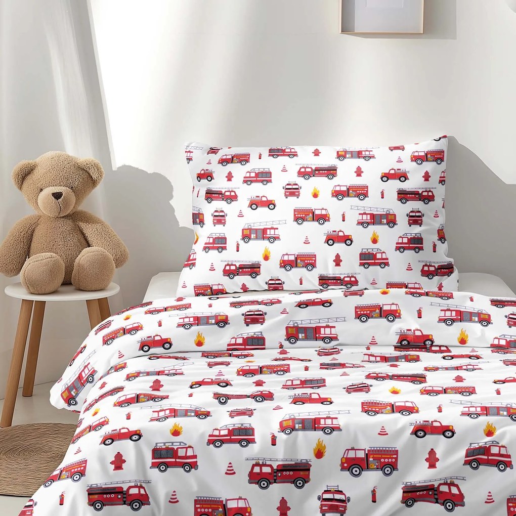 Goldea detské bavlnené obliečky - hasičské autá 140 x 200 a 70 x 90 cm