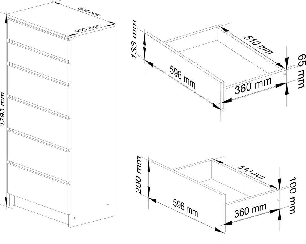 Komoda Kuba 60 cm - 6 zásuviek biela