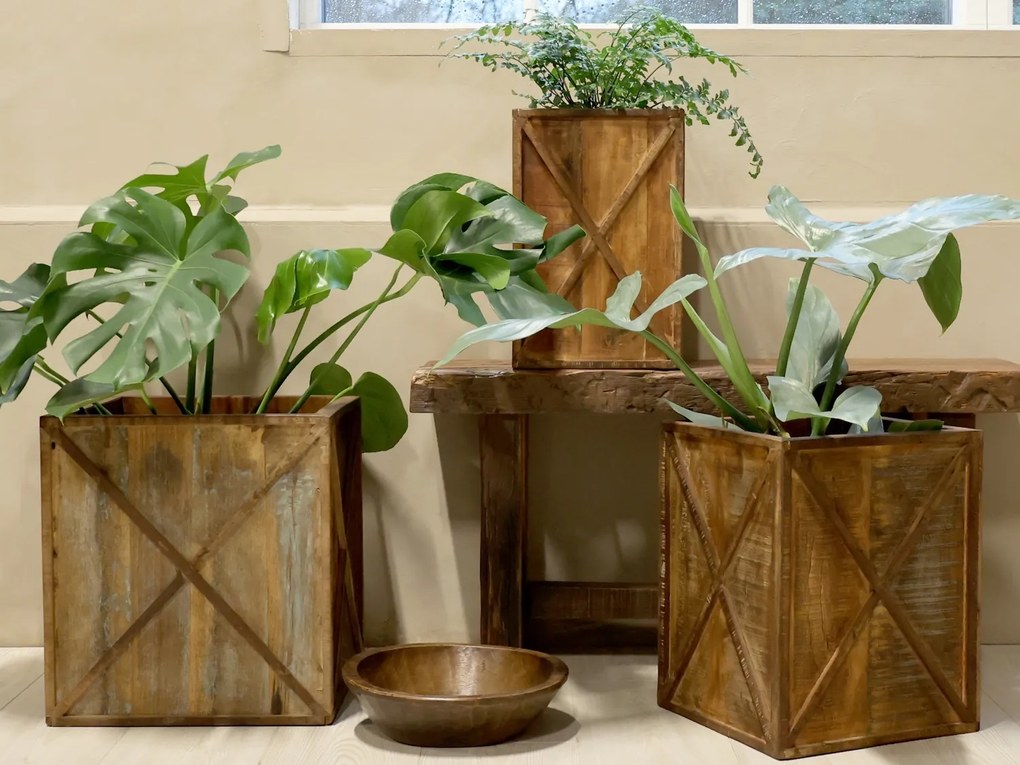 3ks hnedý antik drevený obal na kvetináč Grimaud Unit - 70*12*55 cm