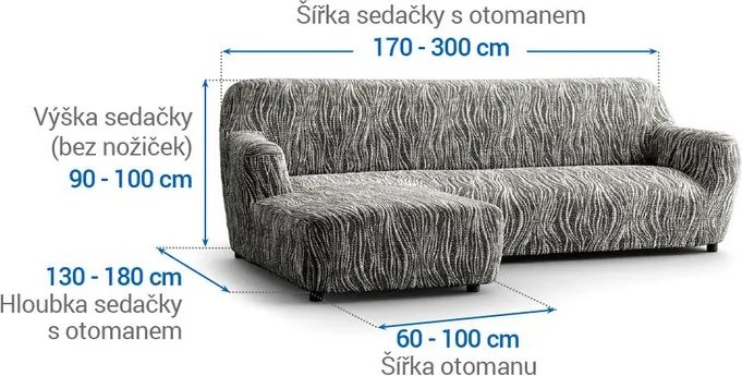Bielastické poťahy UNIVERSO NOVÉ žíhané čiernobiele sedačka s otomanom vľavo (š. 170 - 300 cm)