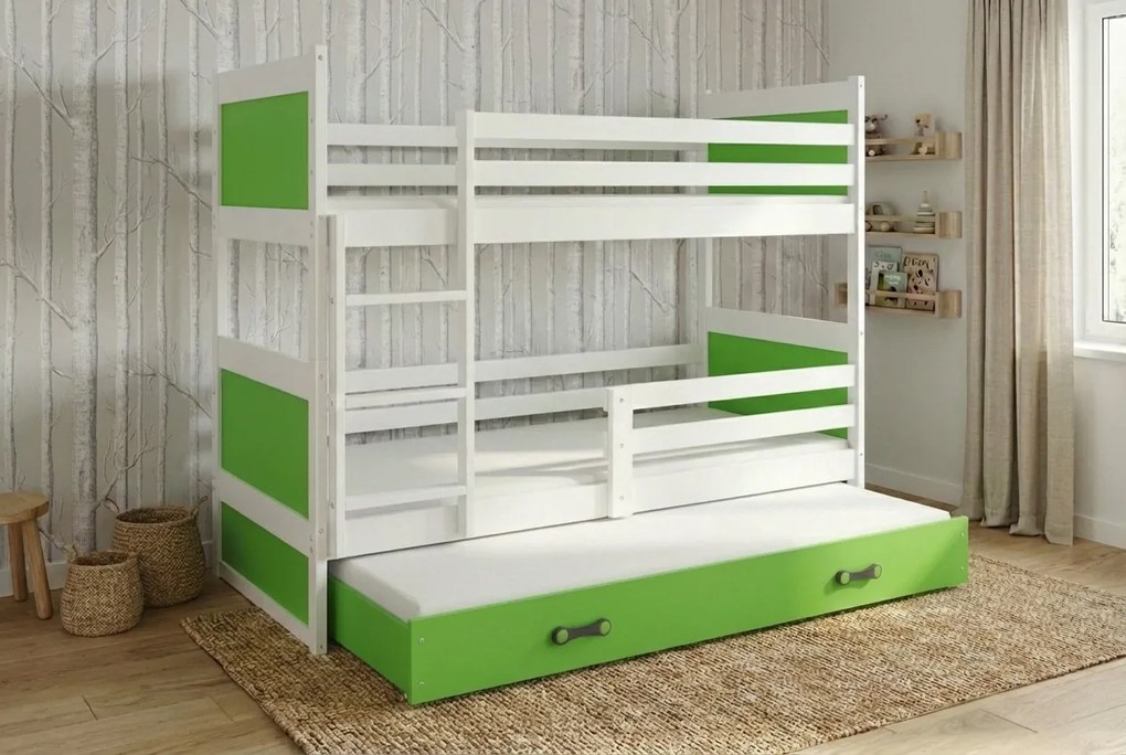 Poschodová posteľ s prístelkou RICO 3 190x90 Biela - Zelená