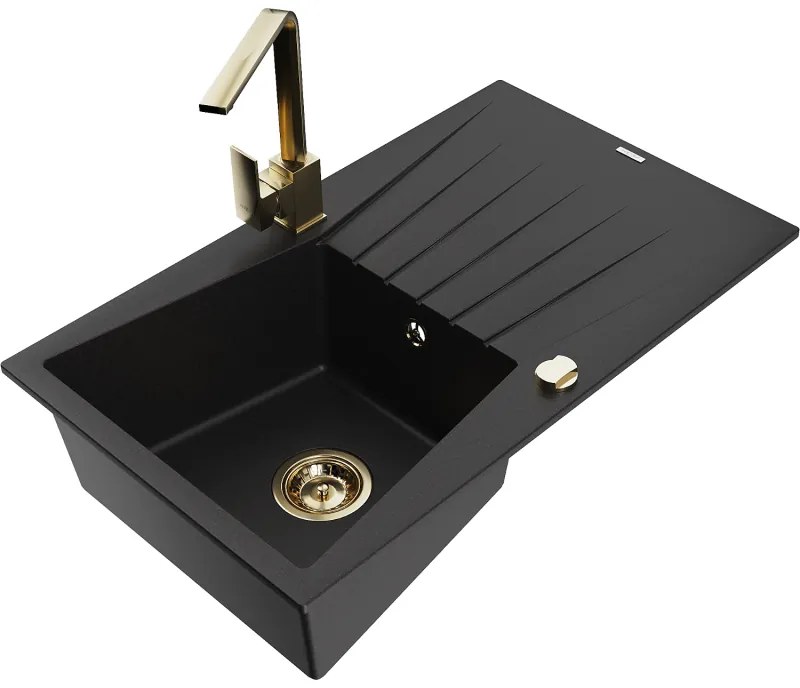Mexen Cesar, granitový drez 775x470x190 mm, 1-komorový, čierna so zlatým sifónom a zlatá drezová batéria Rita, 6514-77-670300-50