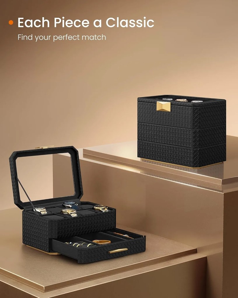Kolekcia RONNE – 3-úrovňové puzdro na hodinky, 8-slotová krabička na hodinky, čierna