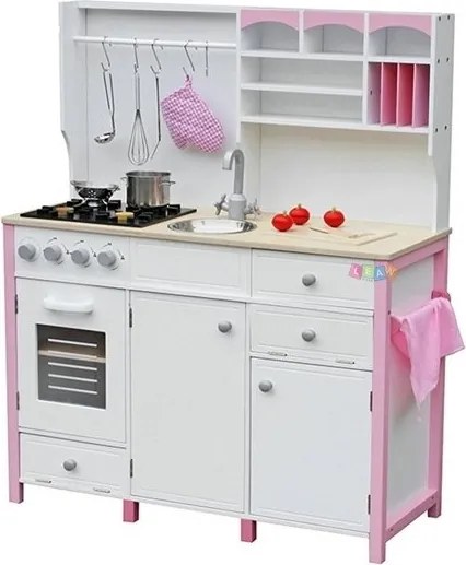 LEAN Toys Drevená detská kuchyňa Ružovo-biela Paula Otváracie prvky