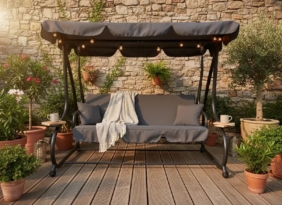 Garden Line ZÁHRADNÁ HOJDAČKA 210 x 120 x 170 cm ANTRACITOVÁ S FUNKCIOU LEŽAČKA