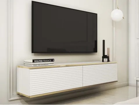 Závesná TV skrinka Orfeo, 135 cm, biela štruktúra/zlatá%
