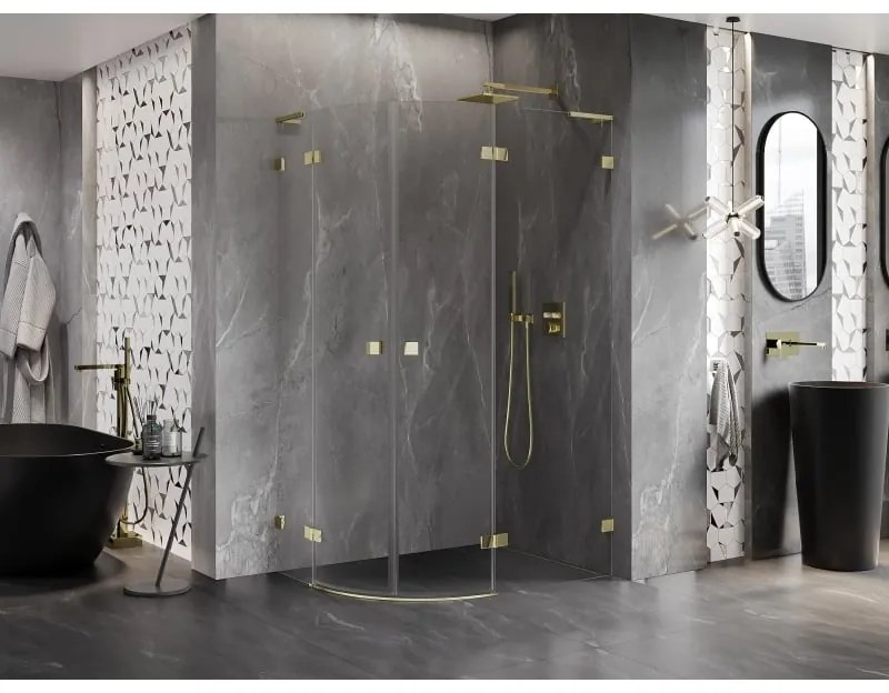 Mexen Lunar, L pravý polkruhový sprchový kút 90 x 80 cm, 8mm číre sklo, zlatý matný profil, 833L-090P-080L-55-00