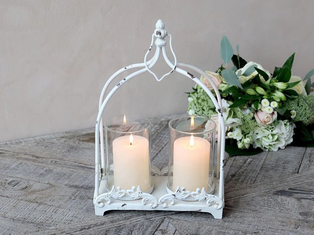 Krémová antik kovová lampáš na sviečky Étienne - 25*12*38 cm