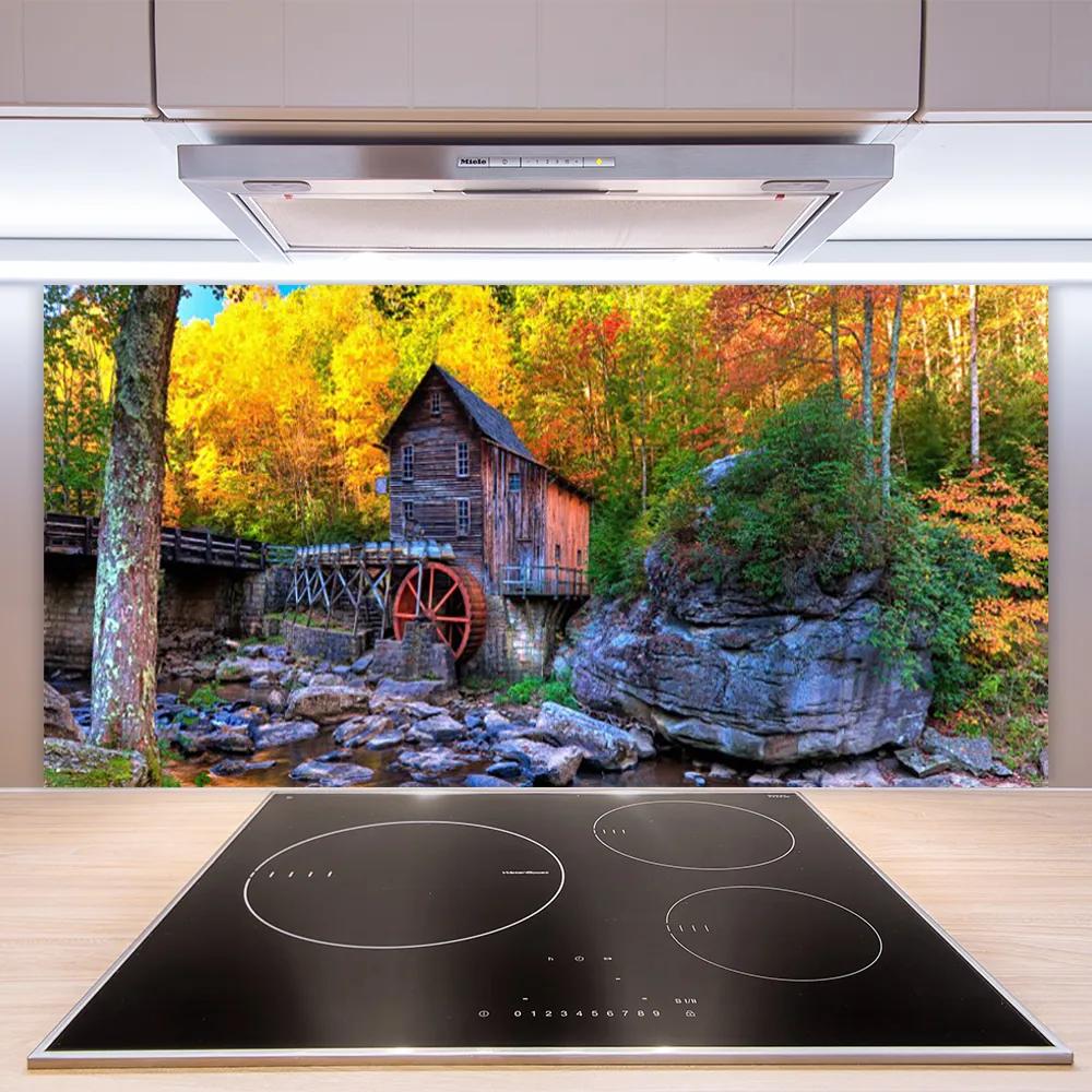 Sklenený obklad Do kuchyne Vodné mlyn jesenné les 125x50 cm