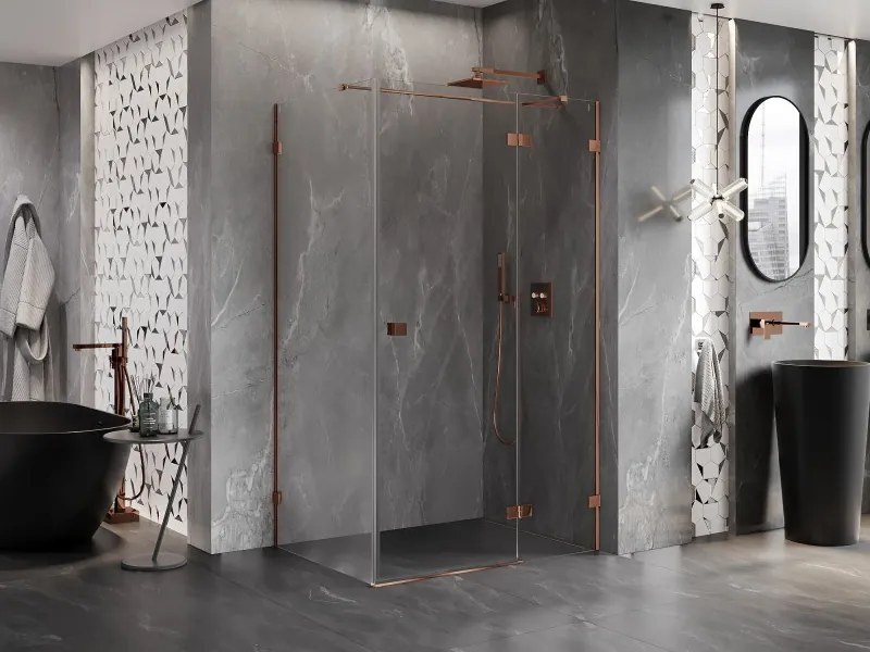 Mexen Lunar T, pravý výklopný sprchový kút 140 x 110 cm, 8mm číre sklo, profil ružové zlato, 834T-140-110-60-00-P