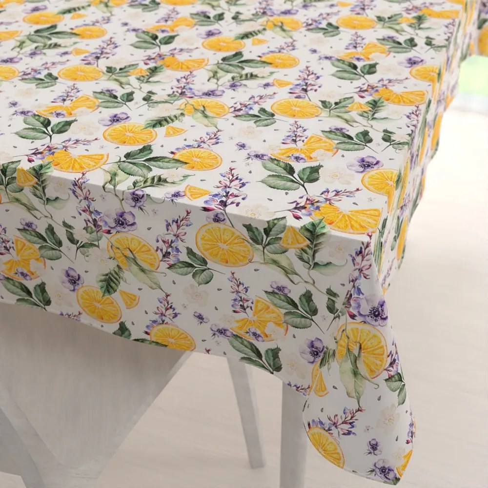 Biante Dekoračný obdĺžnikový obrus PML-103 Pomaranče medzi kvetmi na bielom 140x220 cm