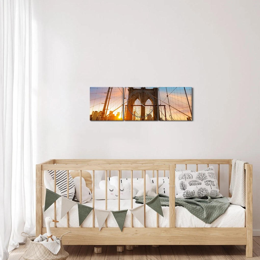 Obraz - Brooklynský most, Manhattan, New York (s hodinami) (90x30 cm)