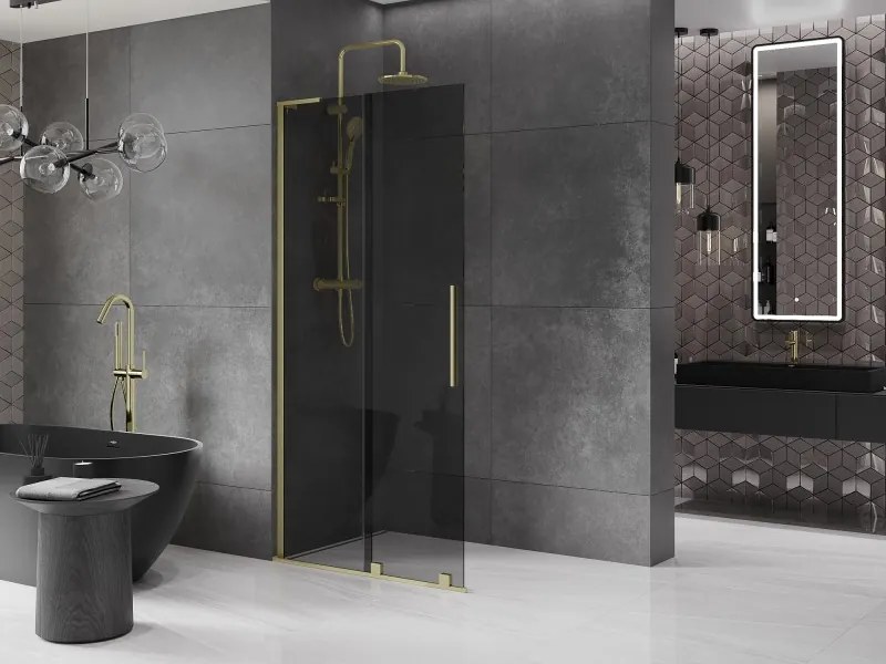 Mexen Velar L, posuvná sprchová zástena Walk-in 90 x 200 cm, 8mm šedé sklo, zlatá matná, 871-090-003-43-55