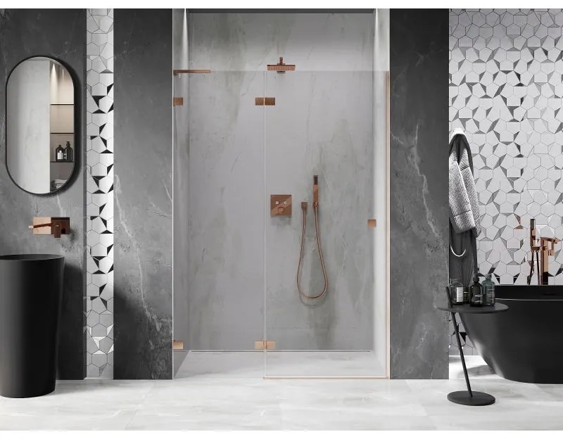 Mexen Lunar L, ľavé otočné sprchové dvere 140 cm, 8mm číre sklo, medený matný profil, 834L-140-000-65-00-L