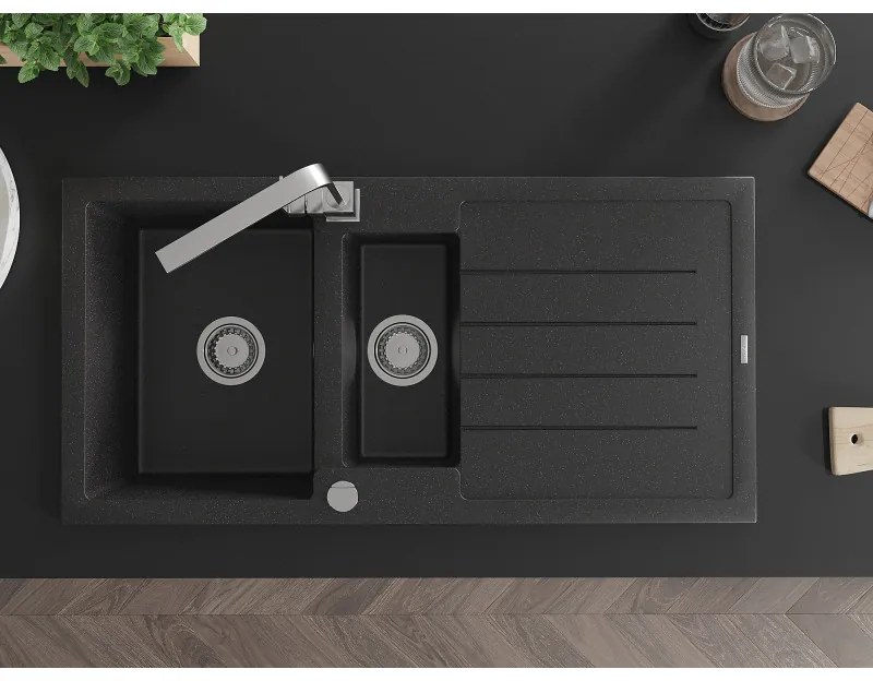Mexen Andres, granitový drez 1000x500x200 mm, 1,5-komorový, čierna - strieborná metalíza s chrómovým sifónom a chrómová drezová batéria Rita, 6515-73-670300-00
