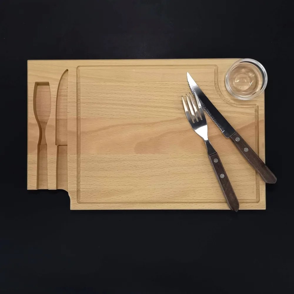 AMADEA Drevená doštička na steak s príborom a sklenenou miskou, masívne drevo, 36x23x2 cm
