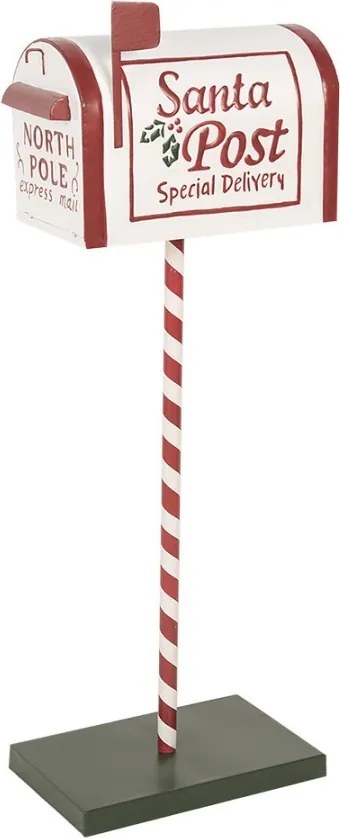 Bielo-červená kovová dekorácia schránka na podstavci Santa Post - 19*33*92 cm