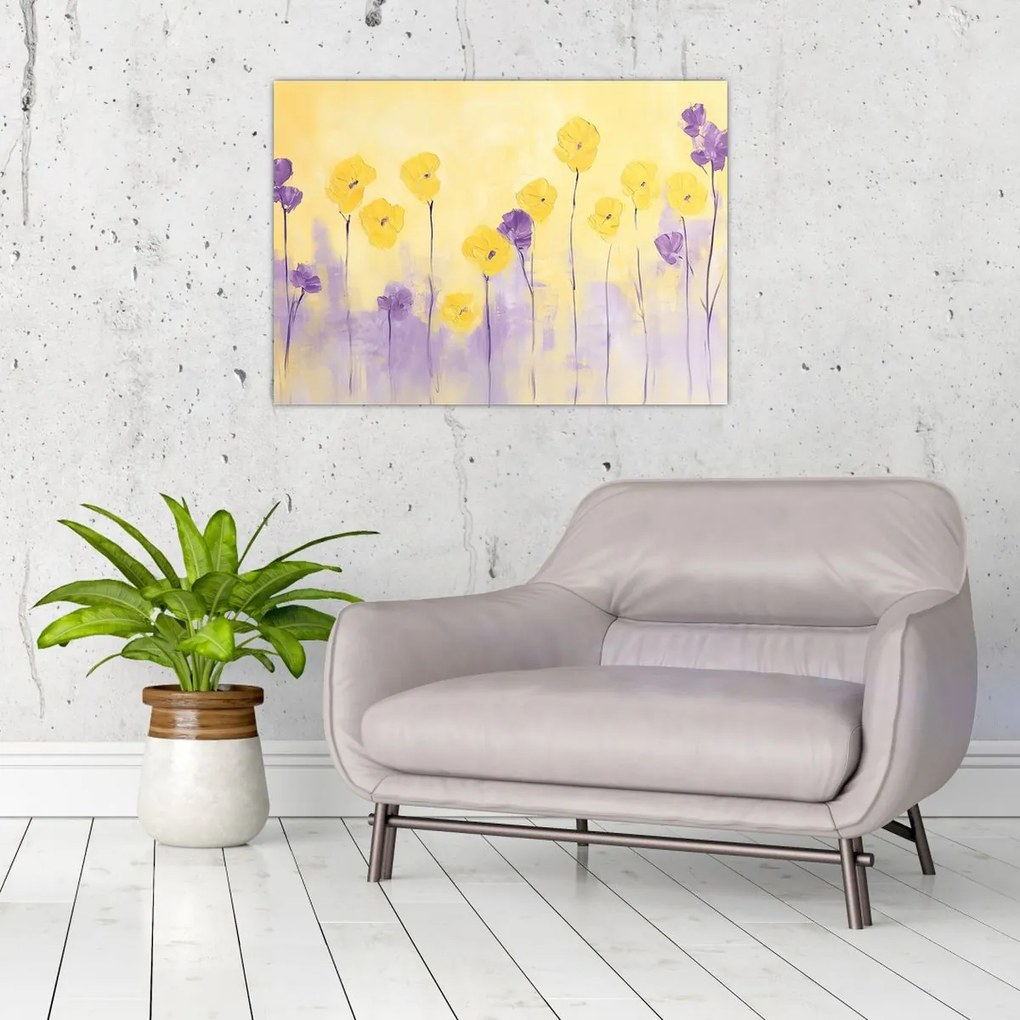 Obraz - Fialové a žlté kvietky (70x50 cm)