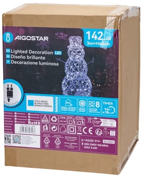 Aigostar-LED Vonkajšia vianočná dekorácia LED/3,6W/31/230V 6500K 60cm IP44 snehuliak