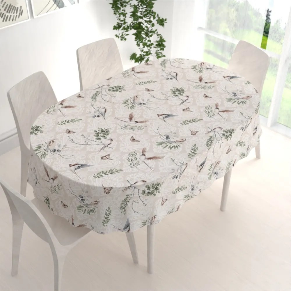 Biante Bavlnený oválny obrus Sandra SA-490 Lastovičky s motýlikmi na béžovom ornamente 120x140 cm