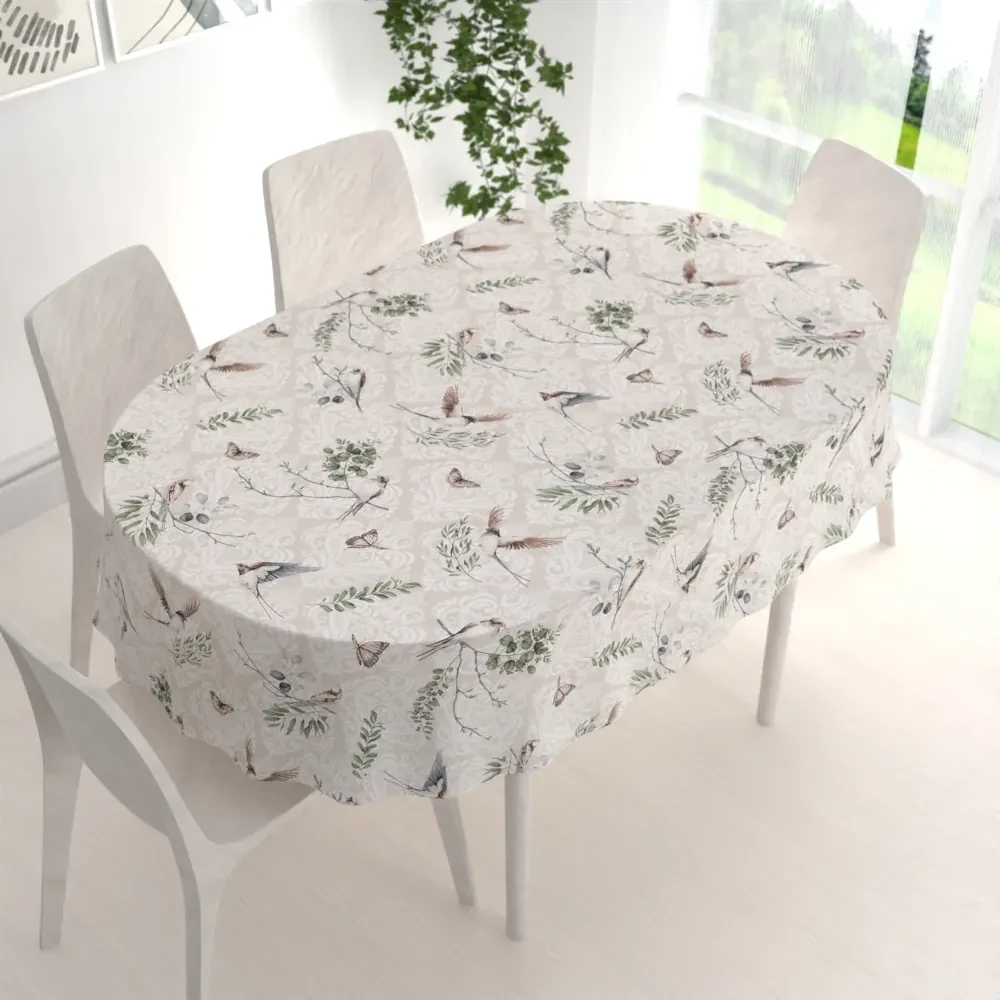 Biante Bavlnený oválny obrus Sandra SA-490 Lastovičky s motýlikmi na béžovom ornamente 140x160 cm