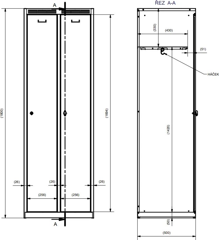 Kovová šatníková skrinka S7, 2-dverová, 1800 x 600 x 500 mm, demont, otočný zámok, modré dvere