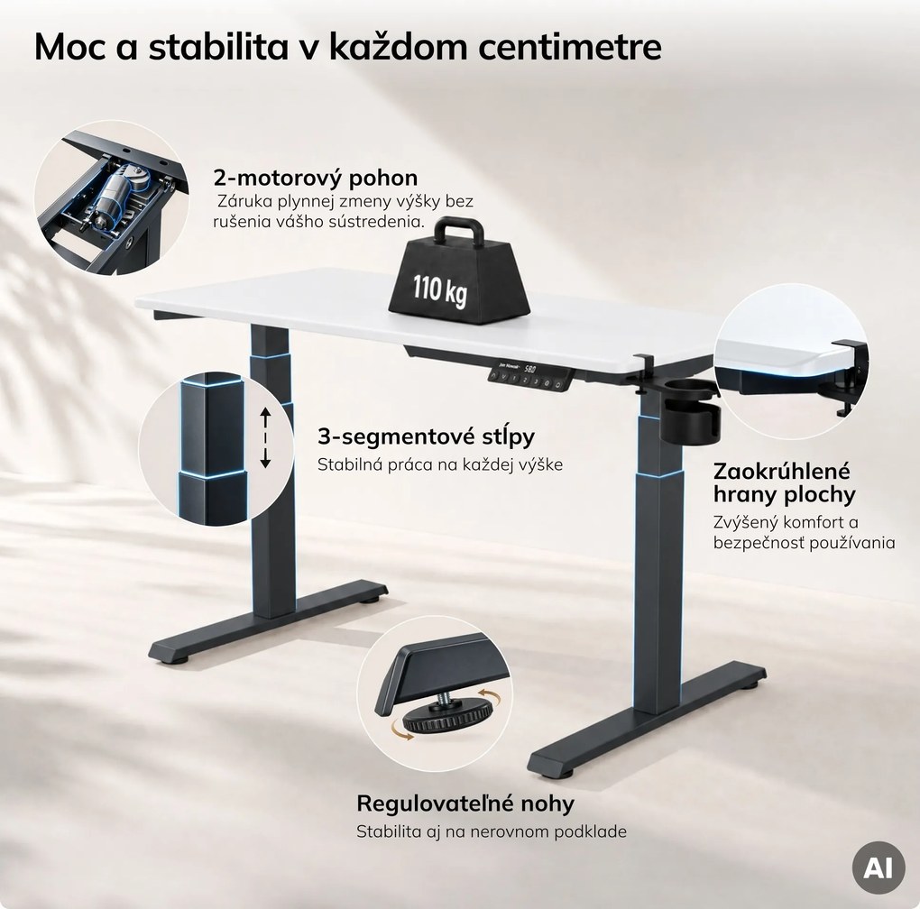 Elektrický stôl s nastavením výšky ergonomický antracitovo-bieli, 1200x600 mm: ARIA