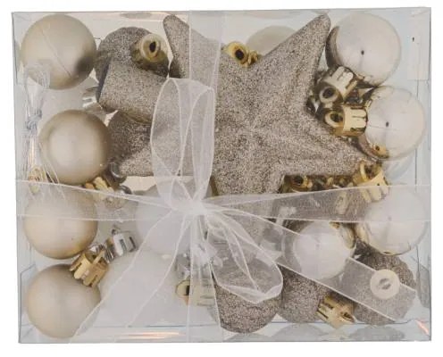 DECOLED Sada ozdob, 29 x 3 cm koule, 1x glitter špice, šampaň a bílá