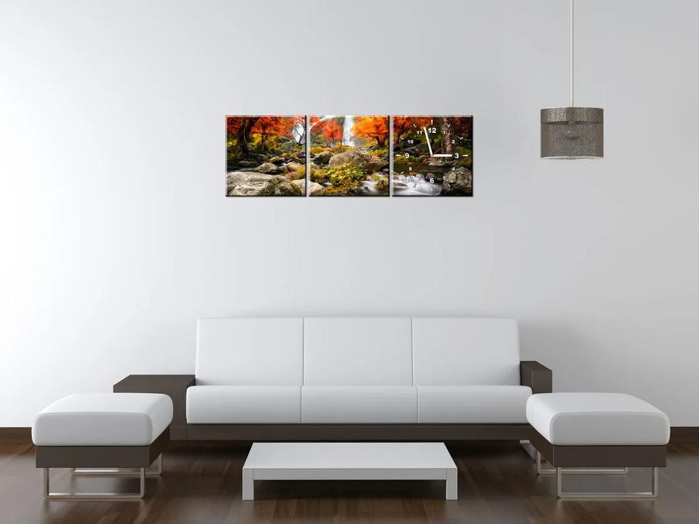 Gario Obraz s hodinami Jesenný vodopád - 3 dielny Rozmery: 100 x 70 cm