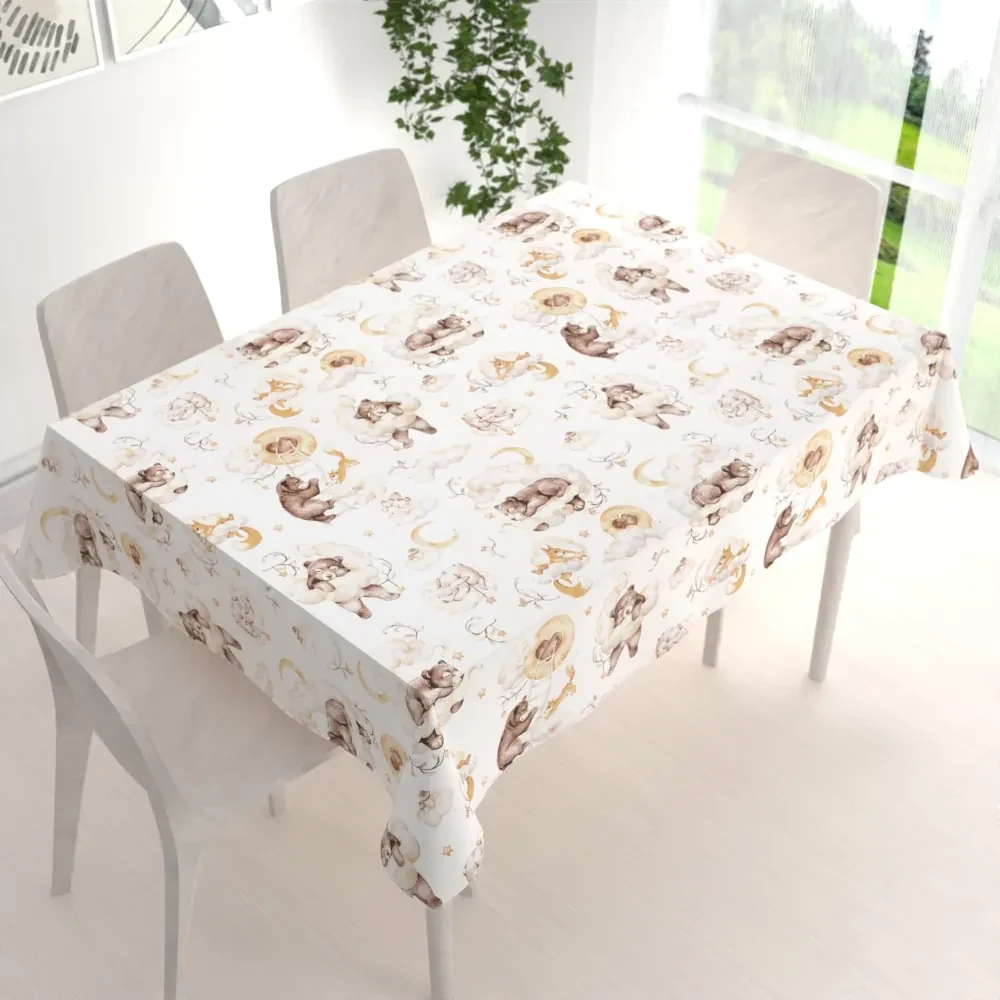 Biante Detský bavlnený obdĺžnikový obrus Sandra SA-456 Medvedíkovia zajačikovia a veveričky v oblakoch na bielom 140x160 cm