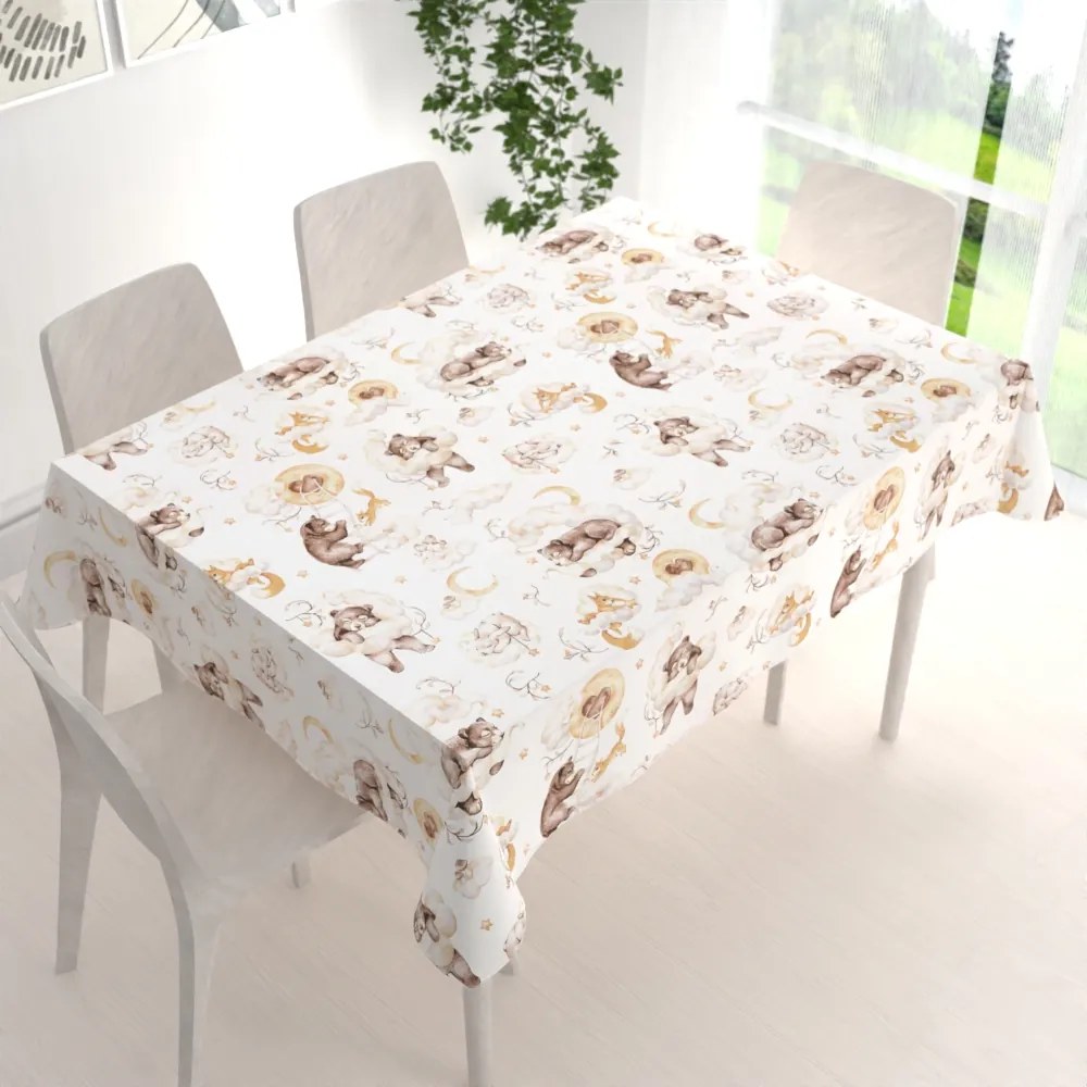 Biante Detský bavlnený obdĺžnikový obrus Sandra SA-456 Medvedíkovia zajačikovia a veveričky v oblakoch na bielom 140x220 cm
