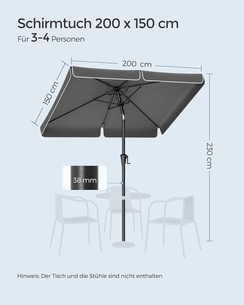 Slnečník 200 × 150 cm, obdĺžnikový balkónový slnečník, ochrana pred slnkom UPF 50+, bez podstavca, šedý