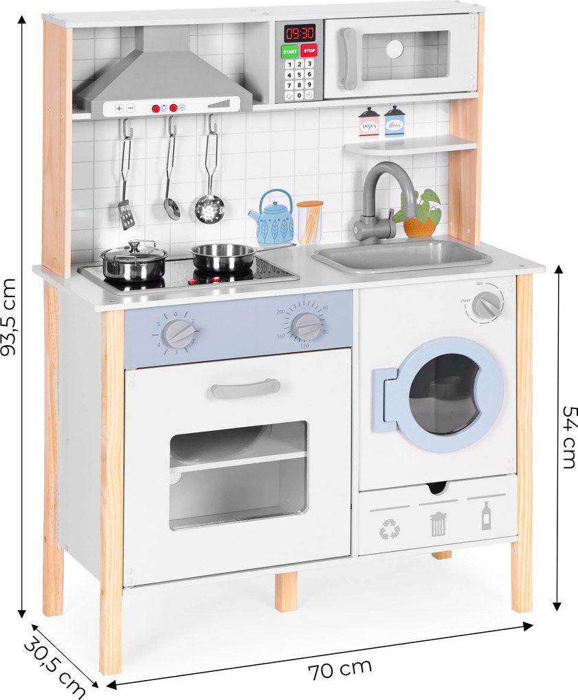 Drevená kuchynka pre deti ECOTOYS 3+ s LED, zvukmi, rúrou, práčkou a 5 doplnkami