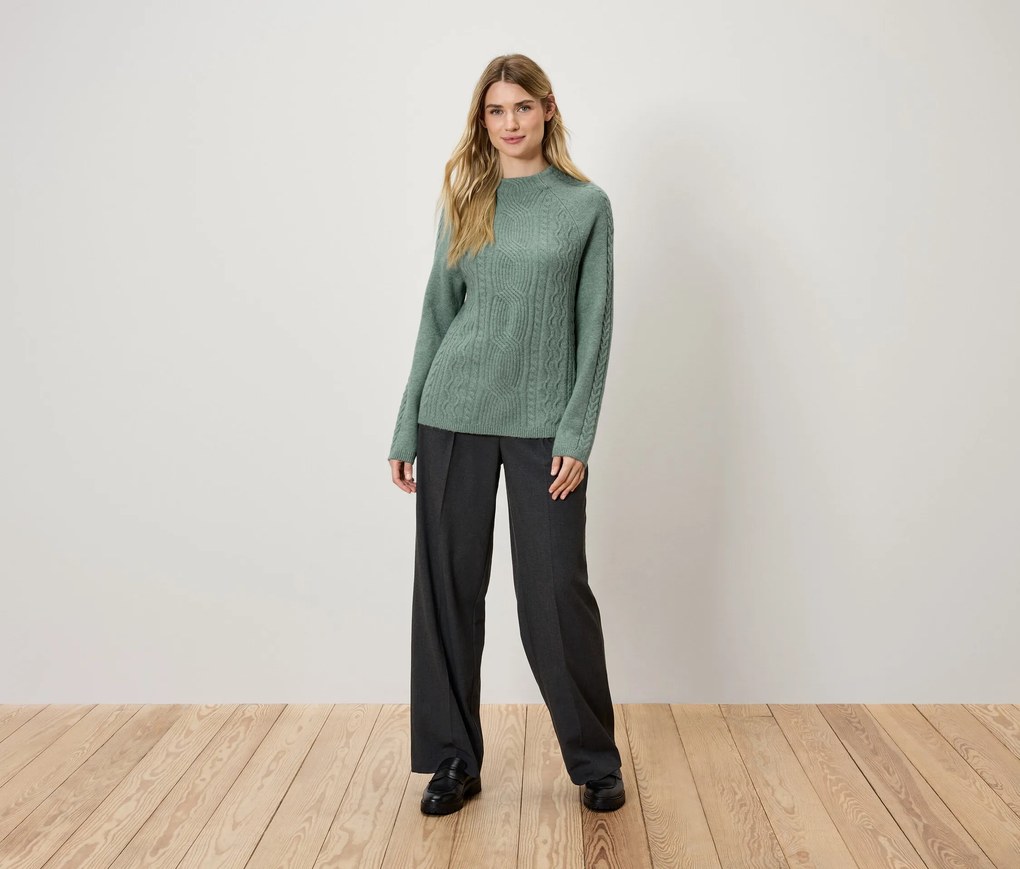 Pulóver z hrubého úpletu s vrkočovým vzorom, šalviový