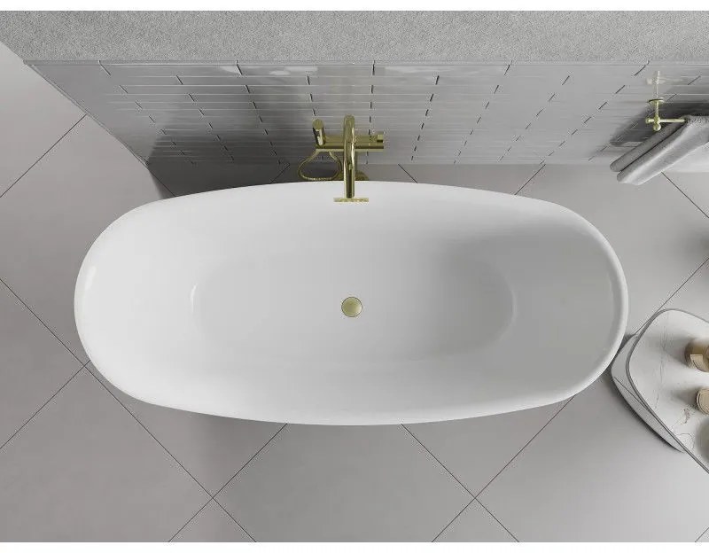 Mexen Luvo Slim, voľne stojaca vaňa 170 × 75 cm, biela lesklá, zlatý matný prepad, 52801707500-55